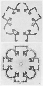 Top: Pavilion at Wrest Park - plan from Colen Campbell (Vitruvius Britannicus)  Bottom: S. Giovanni dei Fiorentini, Rome - plan by Michelanglo, from J. von Sandrart (Insignum Romae Templorum Prospectus)