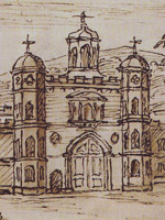 Hampton Court Palace east front of Clock Court - detail of capriccio landscape by William Kent, 1732 (copyright: British Museum)